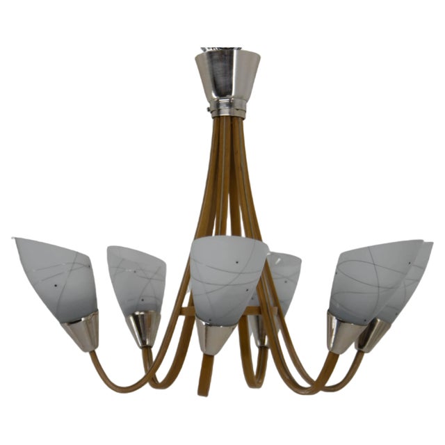 Wood & Glass Chandelier attributed to Wood Humpolec, 1960s For Sale