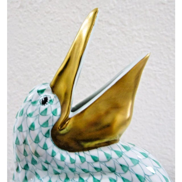 1980s Herend Hungary Handpainted Large Pelican 5073 Green Fishnet For Sale - Image 10 of 12