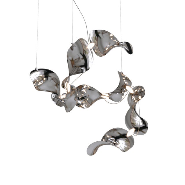 Dune 8 Spiral Chandelier with Silver Hand Polished Shades by Daniel Becker for Moss Objects For Sale - Image 11 of 11