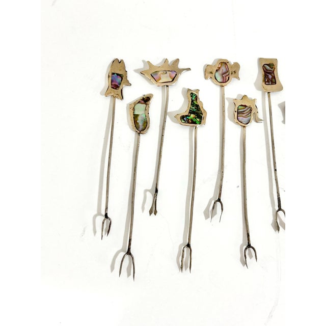 Mid-Century Modern Vintage Abalone Cocktail Picks – Set of 11 Iridescent Mid-Century Appetizer Forks With Organic Shapes For Sale - Image 3 of 7