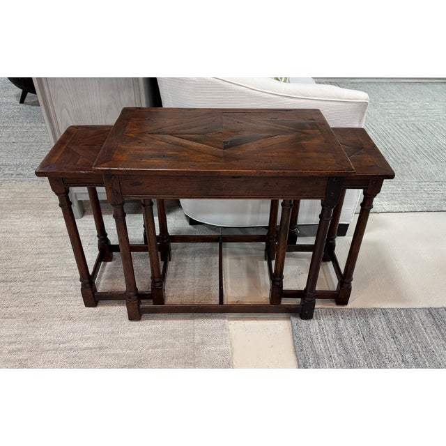 Theodore Alexander Castle Bromwich Orchard Nest of Tables, Nesting Tables. Features three reclaimed/antique wood parquetry...