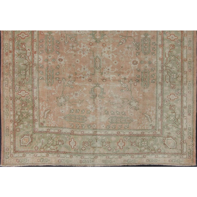 Tribal Classic All Over Design Antique Oushak Rug in Light Coral and Light Green For Sale - Image 3 of 12