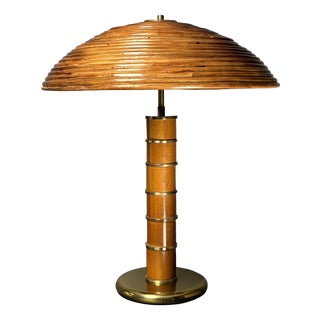 Mid-Century Italian Pencil Reed Rattan Bamboo and Brass Table Lamp, 1960s For Sale