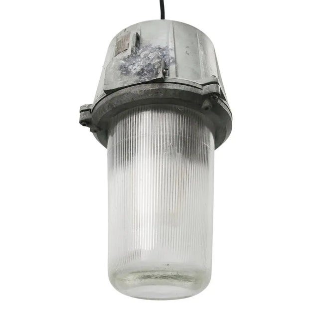 Industrial Vintage Industrial Grey Metal & Striped Glass Pendant Lights For Sale - Image 3 of 7