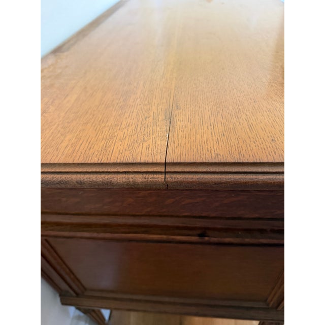 Traditional Vintage Edwardian-Style Oak Pedestal Desk With Casters For Sale - Image 3 of 10