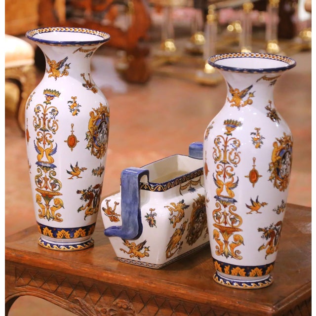 Traditional 19th Century French Gien Faience Renaissance Revival Garniture Set, 3 Pieces For Sale - Image 3 of 17