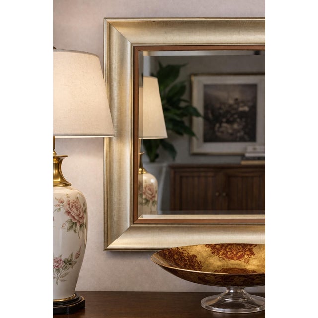 Late 20th Century Large Transitional Champagne Silver Wall Mirror With Copper-Tone Liner – 40" Console or Dresser Mirror For Sale - Image 4 of 6