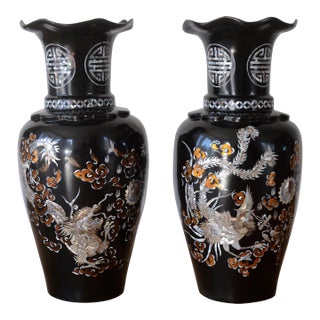 Large Vintage 1960s Vietnamese Black Lacquer & Mother of Pearl Floor Vases - A Pair For Sale