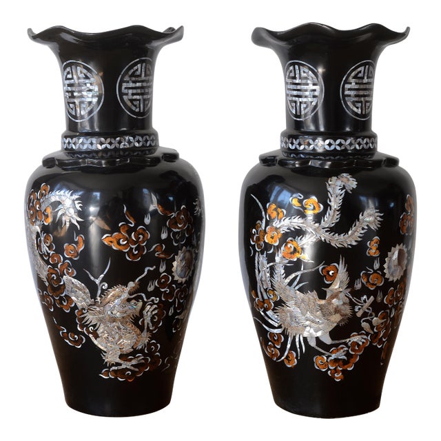 Large Vintage 1960s Vietnamese Black Lacquer & Mother of Pearl Floor Vases - A Pair For Sale