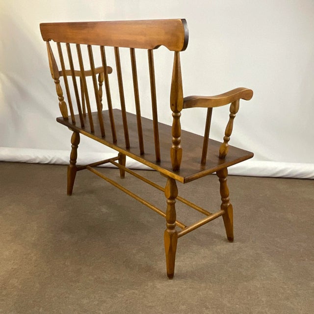 1970s Vintage Arts & Crafts Windsor Spindle Back Pine Bench. For Sale - Image 10 of 12