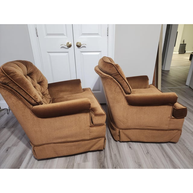 Vintage Rust Colored Tufted Velvet Rocking and Swivel Club Chairs- A Pair For Sale In Charlotte - Image 6 of 11