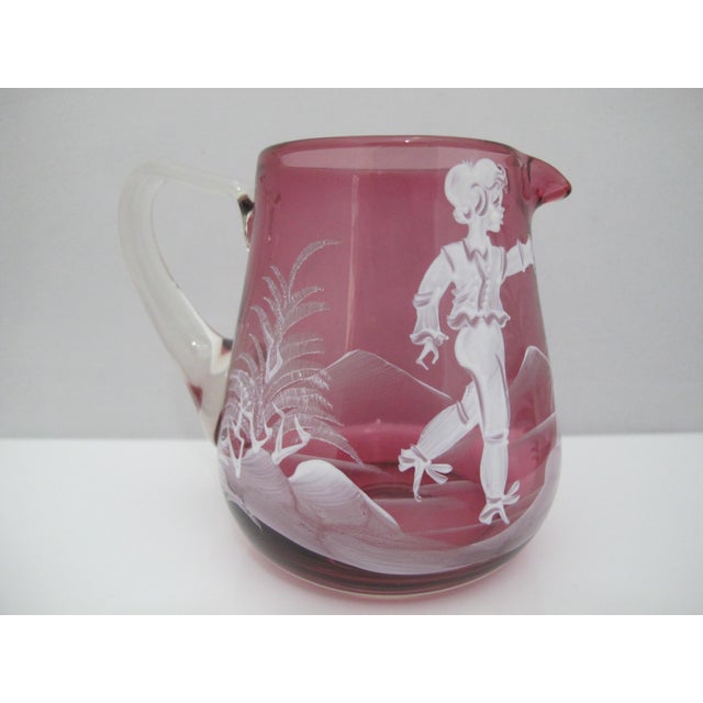 Red Mary Gregory Czech Red Glass Enamel Figural Painted Creamer Pitcher & Sugar Bowl For Sale - Image 8 of 16