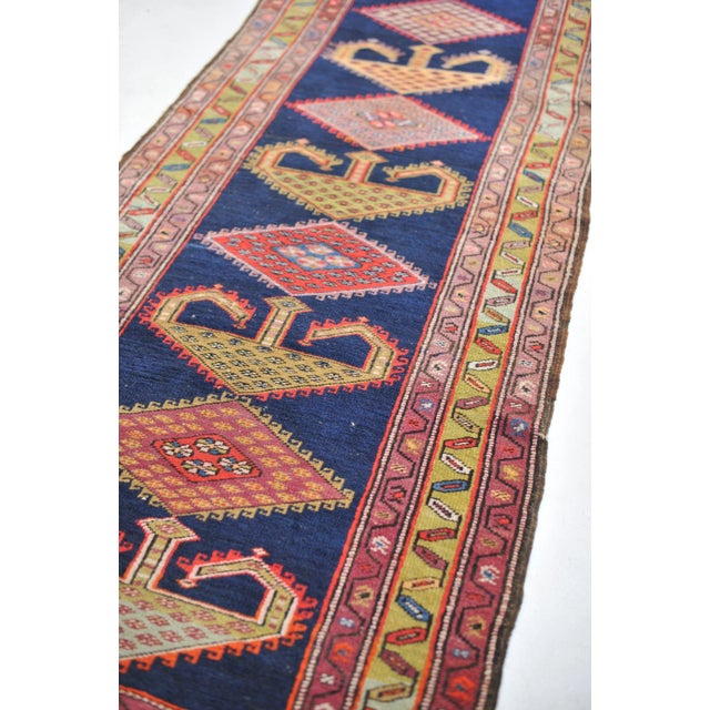 Tribal 1940s Tribal Indigo, Teal, Plum & Pistachio Green Geometric Design Rug, 3.9 x 14.2 For Sale - Image 3 of 11