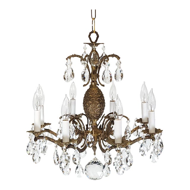 Antique 8 Light Petite Shimmering Pineapple Brass Cut Lead Glass Chandelier~ Rewired ~ Restored ~ Rejuvenated ~ Ready to Hang ~ For Sale