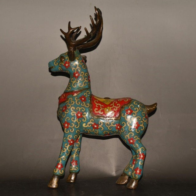 Metal Monumental Pair of Vintage Cloisonné Enamel & Gilt Bronze Deer Figures For Sale - Image 7 of 9