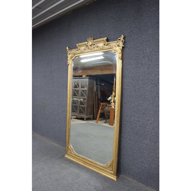 Late 19th Century French Louis XVI Style Carved Giltwood Beveled Floor Pier Mirror For Sale - Image 4 of 13