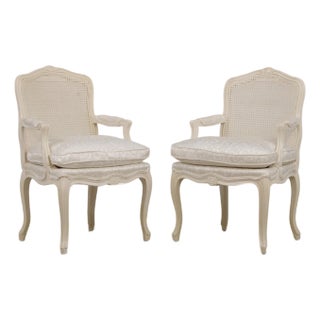 Pair of Louis XVI Painted Cane Back Fautuils Armchairs For Sale