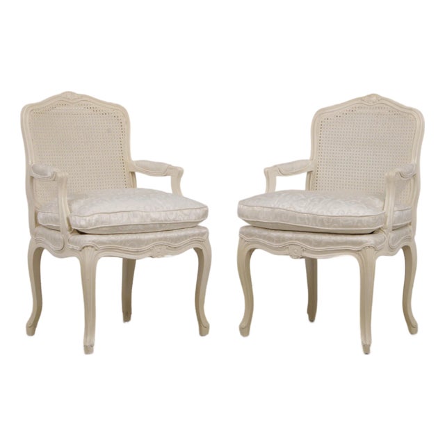 Pair of Louis XVI Painted Cane Back Fautuils Armchairs For Sale
