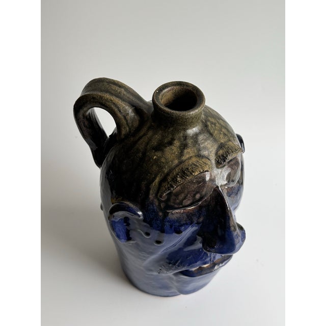 Vintage Georgia Folk Pottery Face Jug by Dal Burtchaell – Blue Glaze Sculptural Pitcher – Southern Folk Art For Sale - Image 12 of 12