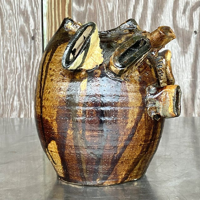 Vintage Boho Original Studio Pottery Drip Glaze Vase For Sale - Image 4 of 12