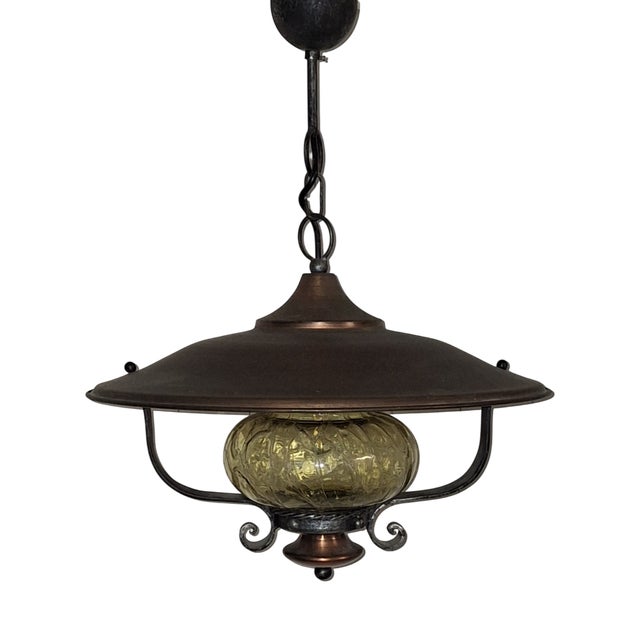 Vintage Rustic Pendant Lamp in Black Iron and Copper, 1970s For Sale