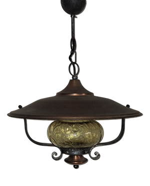 Vintage Rustic Pendant Lamp in Black Iron and Copper, 1970s