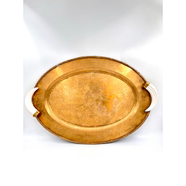 Vintage Italian Hollywood Regency Oval Statement Size Brass Tray With Faux Boar Tusk Handles and Cross Strap Trim For Sale - Image 15 of 16