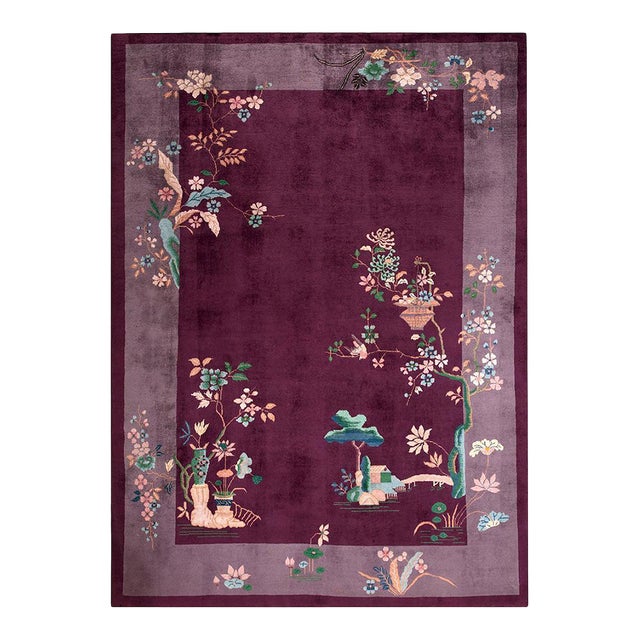 1920s Purple Gray Floral Handknotted Antique Chinese Art Deco Rug 8' X 10'10" Wool Carpet For Sale
