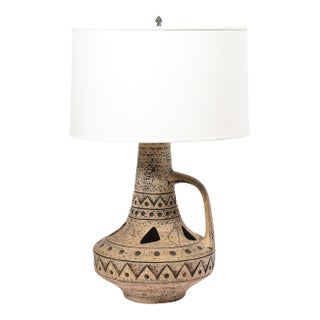 Mid-Century Ceramic Table Lamp W/ Geometric Umber Motifs & Organic Cutout Detail For Sale