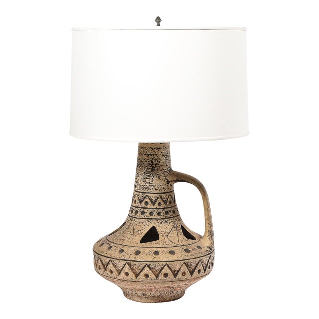 Mid-Century Ceramic Table Lamp W/ Geometric Umber Motifs & Organic Cutout Detail For Sale