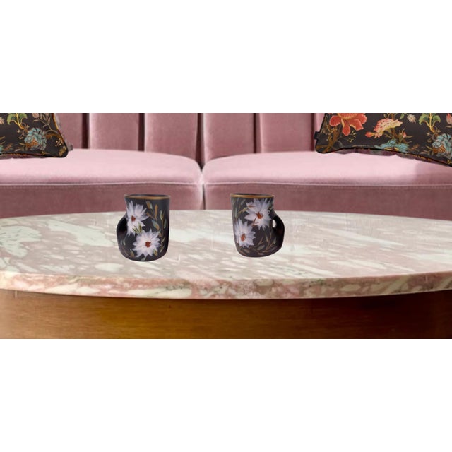 Mid-Century Vallauris Black White Floral Blossoms Terracotta Mugs- A Pair For Sale In New York - Image 6 of 18
