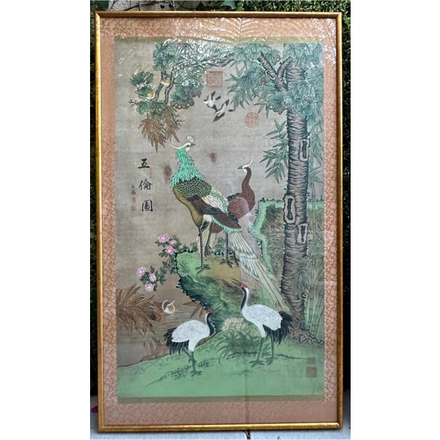 Japanese Chelsea House Pair of Monumental Hand-Painted Silk Paintings Chinoiserie For Sale - Image 3 of 18