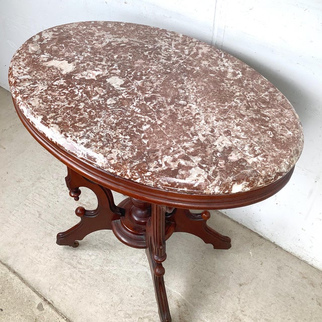 Mid 20th Century Victorian Revival Marble Top Center Table With Carved Walnut Pedestal Base For Sale - Image 5 of 18