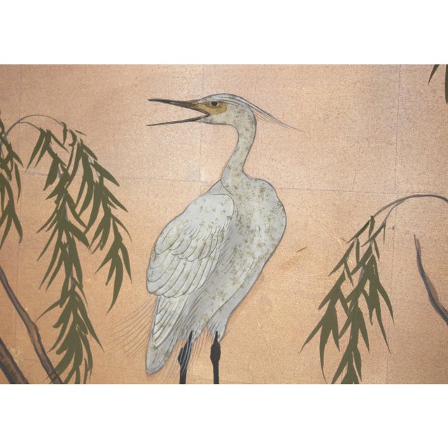 "Willow and White Herons" by Yukiga, 1970s Showa Era Japanese Painted Byobu Screen For Sale - Image 10 of 18