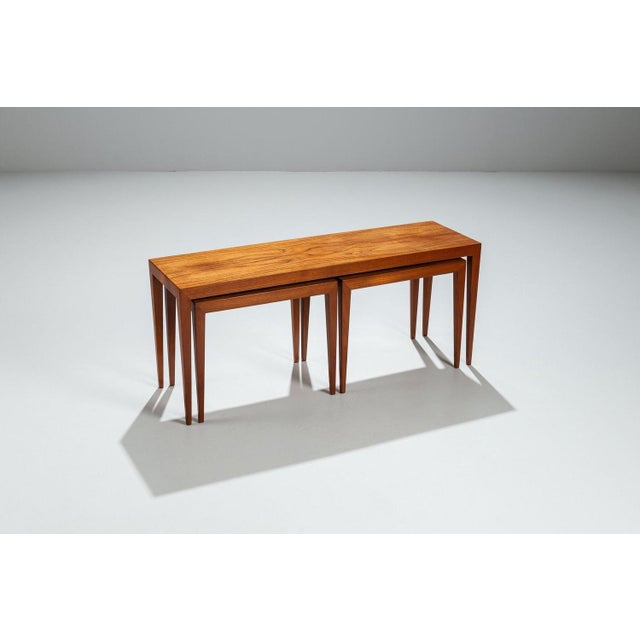 Beautiful set of three nesting tables by Severin Hansen produced by Haslev Møbelsnedkeri in Denmark in the 1960s. It is a...
