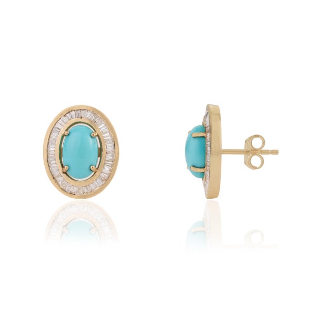 VR Jewels Vintage-Style 2.42ct Turquoise Cabochon Diamond Stud Earrings in 14k Yellow Gold- A Pair For Sale - Image 4 of 15