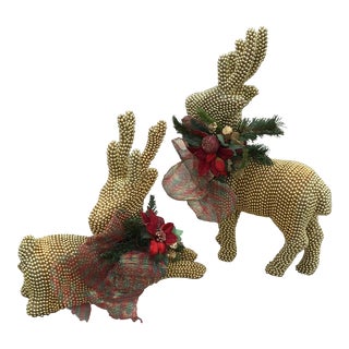 Reindeer Vintage 1990s Large Deer With Gold Bead Embellishment - a Pair For Sale