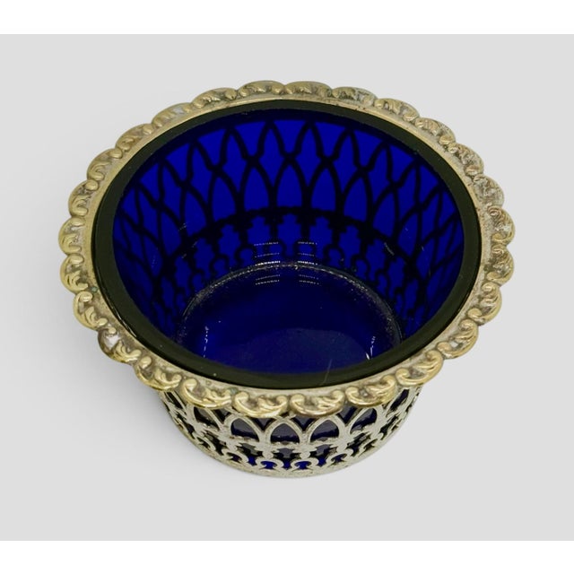 Mid-Century Modern Mid 20th Century Cobalt Blue Silver Plate Filigree Condiment Bowl For Sale - Image 3 of 12