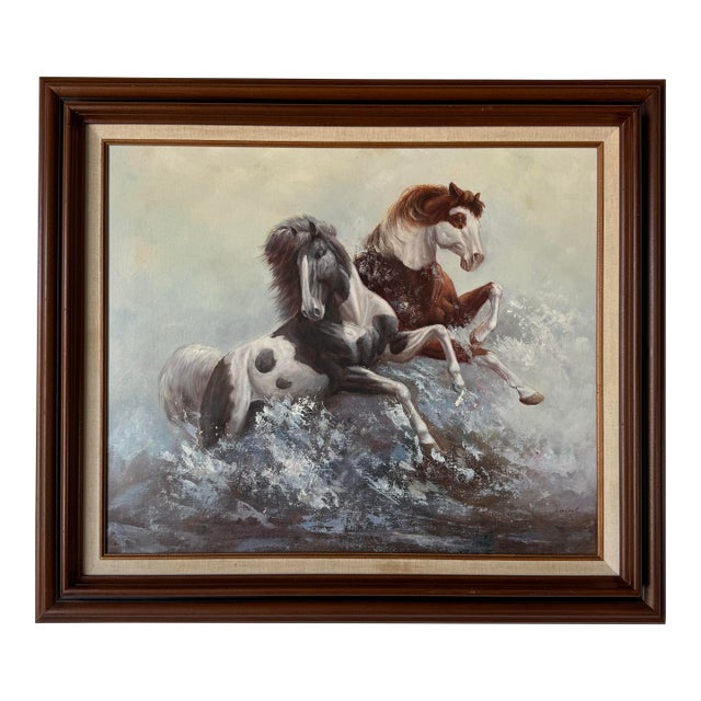 1970s Vintage Oil on Canvas Painting of Horses by Vincent – Framed For Sale