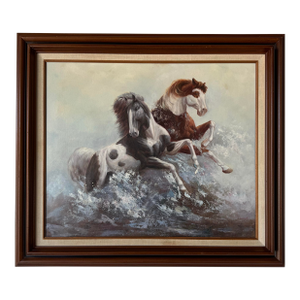 1970s Vintage Oil on Canvas Painting of Horses by Vincent – Framed
