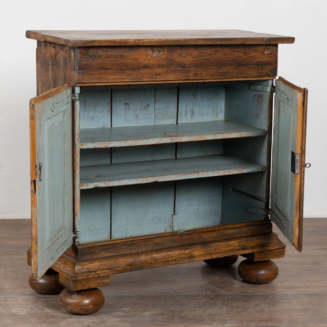 Late 18th-century Swedish original painted pine sideboard. Residual original painted finish remains throughout, with blue-...