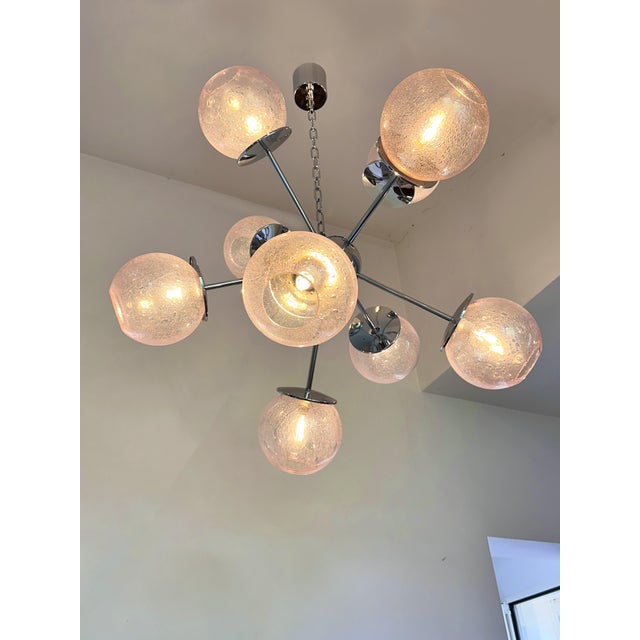 Mid-Century Modern Contemporary Italian Chromed Sputnik Chandelier in Pink "Pulegoso" Murano Glass For Sale - Image 3 of 9