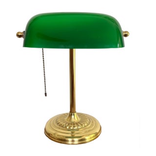 Vintage Brass Emeraldite Shade Bankers Lamp For Sale