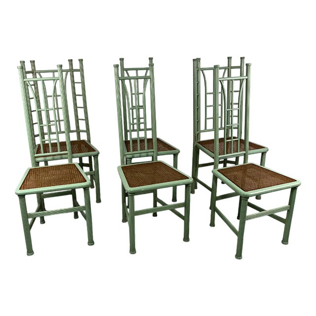 Italian Chairs in Green Wood and Vienna Straw, 1980s, Set of 6 For Sale