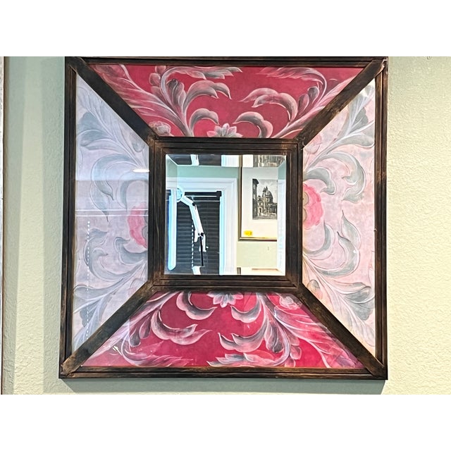 Glass Vintage Peruvian Reverse Painted Glass Floral Mirror 23x23" For Sale - Image 7 of 7