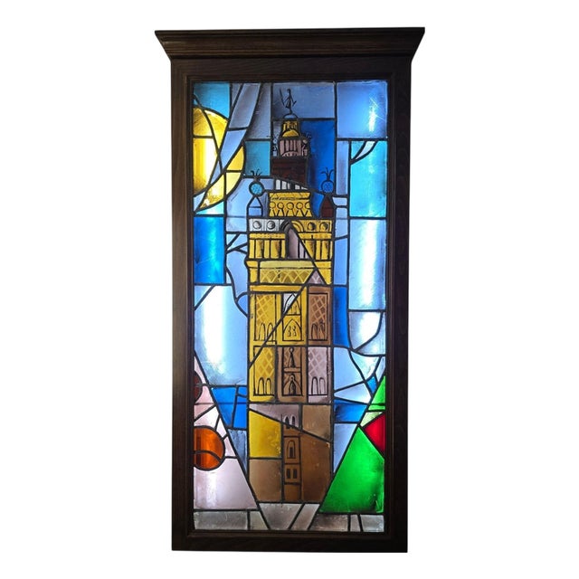 Stained Glass Panel with La Giralda Motif, Seville, 1860s For Sale