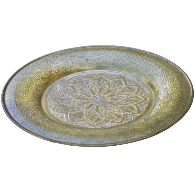 Early 20th Century Hand-Engraved Brass Tray With Copper Floral Motif For Sale - Image 4 of 8