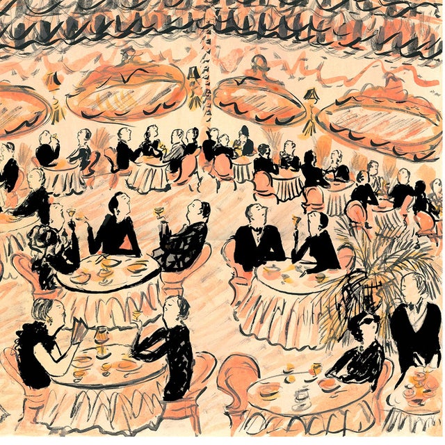 A dining scene takes place in a lavish rose colored roomed, filled with guests enjoying their lunch and cocktails.