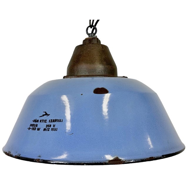 Industrial Blue Enamel and Cast Iron Pendant Light, 1960s For Sale