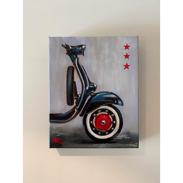 Milano II feat. Vespa Primavera 125 by Rosa Fedele | Oil Painting of a Vespa motorcycle handlebar For Sale - Image 4 of 5